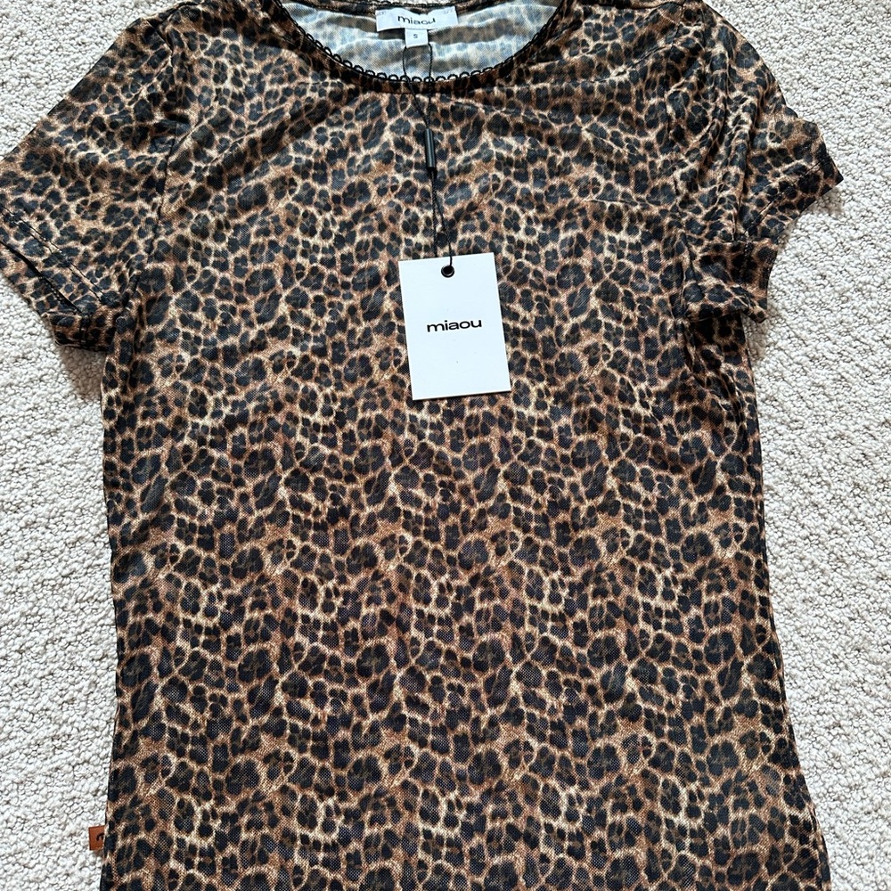 Miaou Leopard Mesh Short Sleeve Tee in Brown and Black